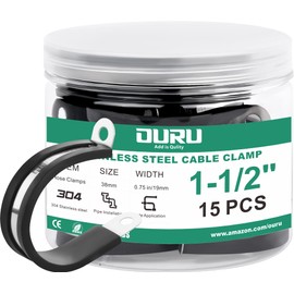 OURU 15pcs 1-1/2 Inch Stainless Steel Cable Clamps,Rubber Coated Cushioned Insulated Cable Clamp,Automotive Cable Wire Clamps,Pipe Clamps,Metal Clamp for Tube,Lines,Wire Cord Installation(Black,38mm)