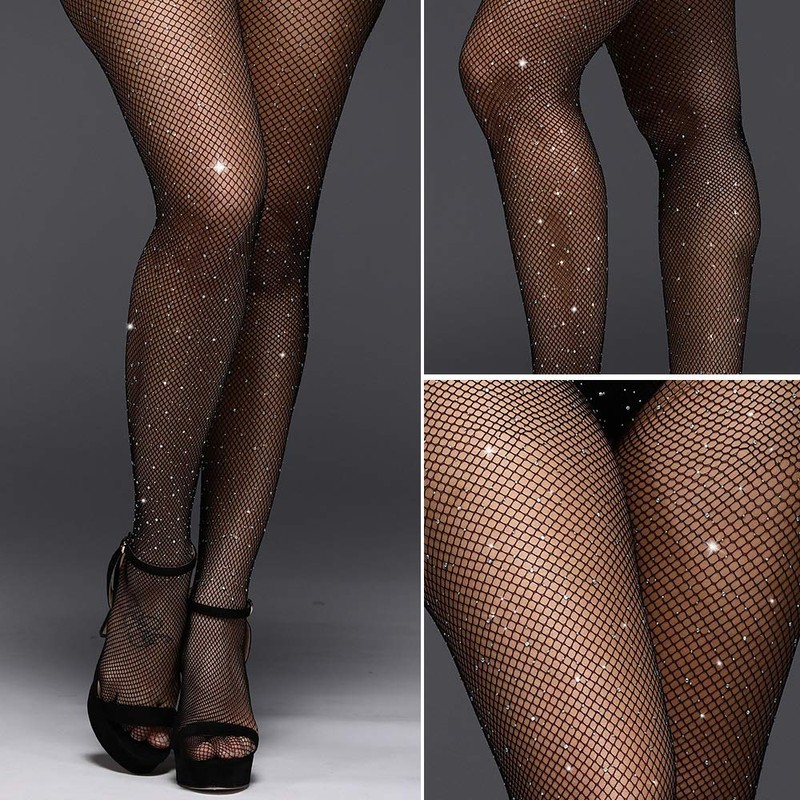 E-Laurels Women's Sparkle Fishnet Tights Rhinestone Tights High Waist Mesh