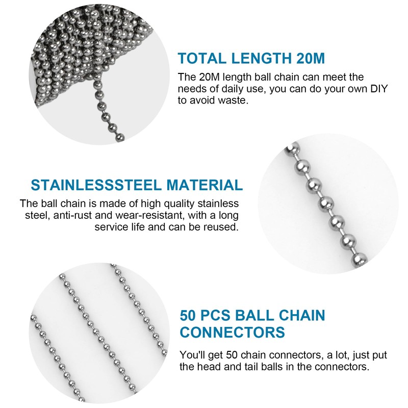 66Feet/20m Stainless Steel Ball Bead Chains, 2.4mm Diameter Beaded Roller