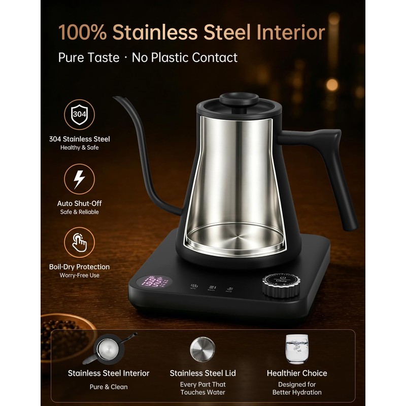 Gooseneck Electric Kettle with Temperature Control, 0.9L, Black