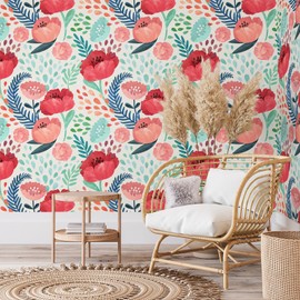 VEELIKE Crimson Poppy Floral Wallpaper Vintage Floral Peel and Stick Wallpaper for Girls Room Bathroom 17.7''x118'' Removable Renter Friendly Flower Wall Mural Self Adhesive Contact Paper for Cabinets