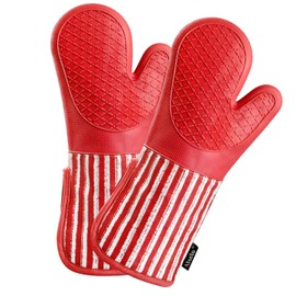 Alselo Silicone Oven Mitts Heat Resistant 932℉ with Waterproof & Non-Slip Kitchen Mittens, Set of 2 Extra Long Oven Gloves with Soft Cotton Terry Lining for Baking Cooking Barbecue (2, Red Mitts)