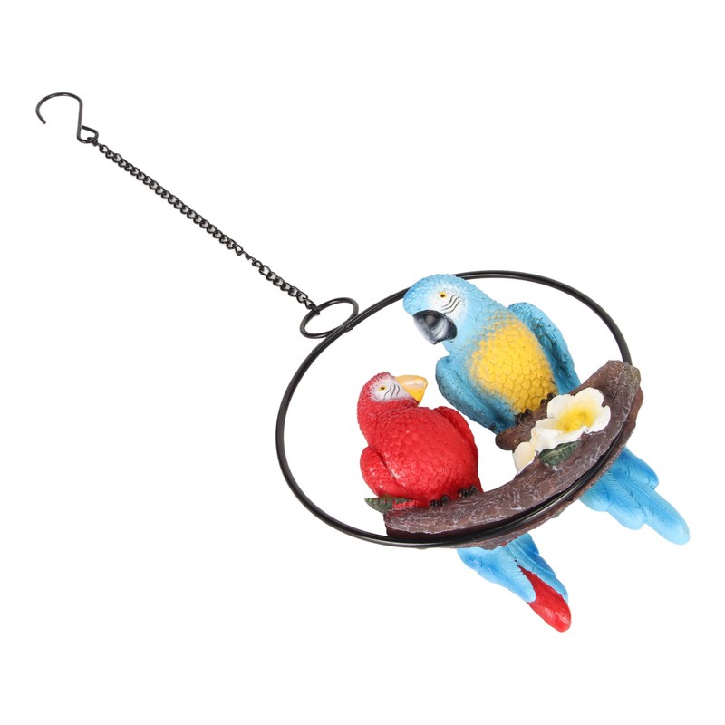 Metal Ring Double Parrot Statue Decorative Resin Perching On Branch