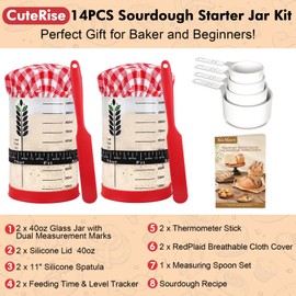 CuteRise Sourdough Starter Jar Kit, 2PACK 40oz Sourdough Starter Jars with Silicone Lids, Cute Cloth Covers, Thermometers, Feeding Time Trackers, Silicone Spatulas, Recipe & Measuring Cups -14PCS