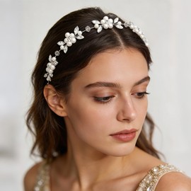 Pearl Crystal Bridal Hair Vine with Ribbon Ties, Silver Wedding Hair Accessories Sparkling Rhinestone Headpiece