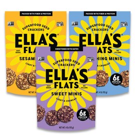 Ella’s Flats Minis - Variety Pack (Sesame, Everything, Sweet) - Superfood seed crackers - Just seeds, no fillers - 6g protein, 5g fiber, low carb