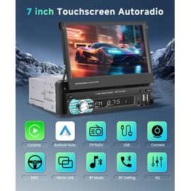 Podofo Wireless Carplay Android Car 7 Inch Car Radio Bluetooth 5.1 1Din with Retractable Display Manual Touch Screen, FM Radio with 2USB/AUX/SD/Steering Wheel Control with Reversing Camera/7 Colourful