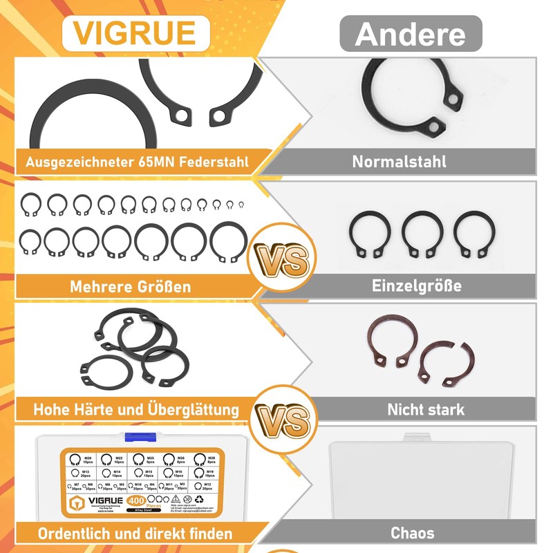 VIGRUE 400-Piece Snap Ring Assortment Circlip Set 19 Sizes Carbon