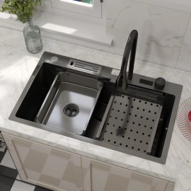 Unbranded 30" Waterfall Kitchen Sink with Faucet Stainless Steel Single Bowl Black Basin - Black, 30 Inch