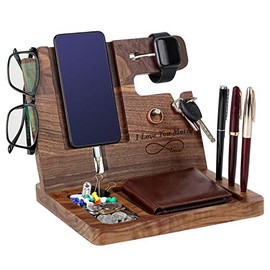 Gifts for Men-Engraved Ebony Wood Docking Station-Nightstand with Phone Holder, Key Holder, Wallet Stand and Watch Organizer-Perfect Gift to Boyfriend Husband for Anniversary Birthday Christmas