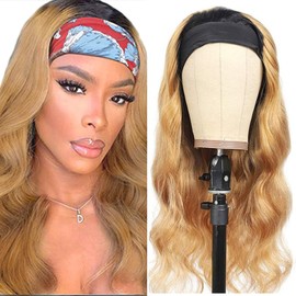 GzorOuzr 1B27 Body Wave Headband Human Hair Wigs Ombre Brazilian Remy Human Hair Wigs For Women 130% Density Glueless No Lace Wig Honey Blonde Headband Wigs For Women 16 Inch