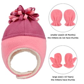 LACOFIA Baby Winter Warm Fleece Hat Sherpa Lined Caps Toddler Ear Flap Pilot Hat and Mitten Set, Red/Purple