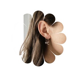 Xmsrn Vintage Crystal Crescent Moon Dangle Earrings Rhinesone Northstar Drop Earring Silver Cz Moon Stud Earrings Asymmetrical Moon Star Earrings Jewelry for Women and Girls (Silver)