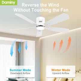 DAMINY 52 inch 5 Blades White Ceiling Fans with Lights,Flush Mount,6CCT, Low Profile Ceiling Fan with Light and Remote Control,DC Motor,Ceiling Fan for Bedroom, Kitchen,Living Room,Indoor/Outdoor Use