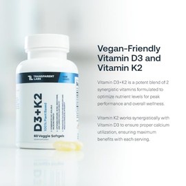 Transparent Labs Vitamin D3 K2 - Vitamin D & K2 Vitamin Supplement for Men & Women, Vegan-Friendly D3K2 5000 IU Supplements to Support Bone, Immune, a