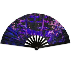 H&G Studio Sakura Blossoms Blacklight X-Large Hand Fan - Foldable Clacking Fan for Raves, Parties, Events, Parades - Indoor and Outdoor Use