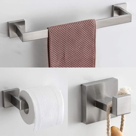 VELIMAX Premium Stainless Steel 3-Piece Bathroom Hardware Set Wall Mounted Bathroom Accessory Set - Robe Hook Toilet Paper Holder 16-Inch Towel Bar, Brushed