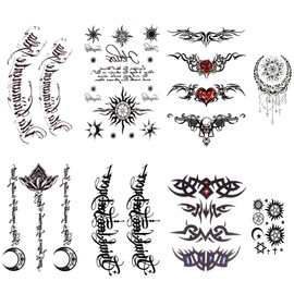 Yesallwas English Letters Sun Moon Tribal 8 Pcs Large Realistic Japanese Black Tattoo Sticker Body Seal Waterproof Long Lasting Decal Tattoo