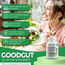 Clean Nutraceuticals Colostrum Supplement Capsules Probiotics Pills Prebiotics, L-Glutamine, Digestive Enzymes, Folate, Fiber, ACV, Turmeric, Apple Pectin and Turmeric Good Gut