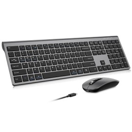 Rechargeable Wireless Bluetooth Keyboard and Mouse Combo, Full Size Silent Ergonomic Scissor Switch Keyboard and Optical Mouse Set, 2.4G Lag-Free Cordless Keyboard Mice for Computer,Mac,Laptop,PC-Grey