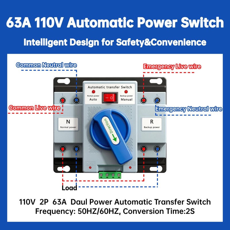 110V 63A 2P Dual Power Automatic Transfer Switch, 50/60Hz Dual