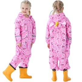 TeTii Kids Toddler Rain Suit for Boys Girls Baby Hoodie Zipper One Piece Cute Cartoon Waterproof Coverall Rain Coat Jacket Pink Unicorn S 1-3 Years