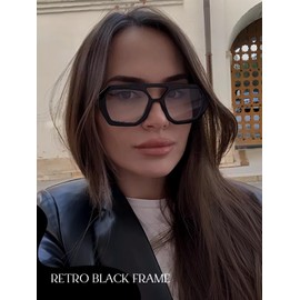 VIA LEECA Retro Hexagonal Aviator Blue Light Glasses Women Trendy Designer Inspired Double Bridge Square Thick Frame Eyewear Black Frame Clear Lens
