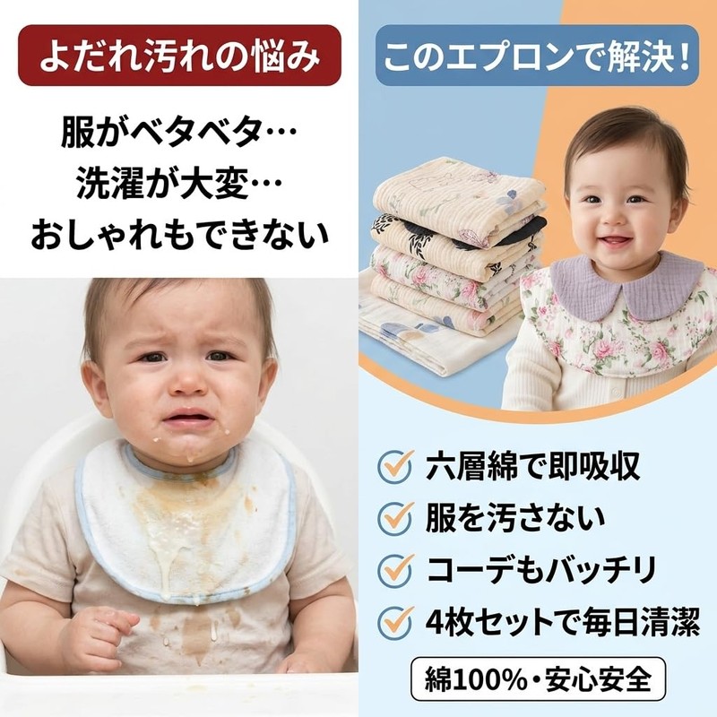 mono-deco よだれかけ スタイ 4枚セット ベビー 綿100% 襟6層 360度回転 お食事エプロン 洗い替え