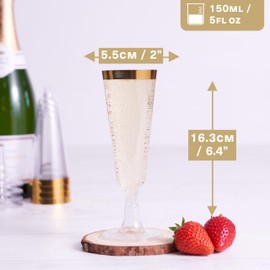 MATANA 24 Premium Elegant Plastic Champagne Flutes with Gold Rim, 150ml - Reusable Toasting Glasses, Cocktail Prosecco Glasses for Weddings, Birthdays, Christmas, BBQ, Parties