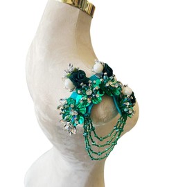 PLune 3D Three-Dimensional Flower Rhinestone Applique Sewing Shining Beads Stones Trim Crystal Fringe Patches for Dress Clothes Accessories 5.5X6.2inches (Deepgreen,A)