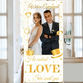 White Gold Engagement Party Banner Just Engaged Photo Props Decorations He Asked She Said Yes Photo Booth Frame for Couple Wedding Bachelorette Bridal Shower Party Supplies Indoor Outdoor Decor