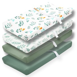4 Pack Sage Green Fitted Nursery Sheets Breathable Neutral Unisex Baby Sheets for Boys or Girls with Leaf and Flower Design (Changing Pad Cover)