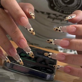 MouyouGlow Press on Nails Long, Stiletto Nude Leopard French Autumn Fake Nails with Nail Glue, Natural Tips Winter Artificial Fingernails