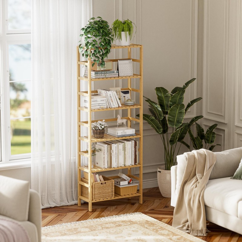 HITNET Bamboo Shelf, 6-Tier Adjustable Tall Open Bookcase, Bathroom Storage