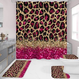 Litabel 4 Pcs Hot Pink Leopard Print Shower Curtain Set with Non-Slip Rugs, Toilet Lid Cover and Bath Mat, Wild Animal Skin Bathroom Decor Set with Shower Curtain and Rugs(Hooks Not Included)