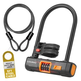Luxuriaz Heavy Duty Bike Lock with 5ft Steel Cable, 4-Digit Resettable Combination U-Lock, Durable Cable Lock for Secure U Lock Bike Protection