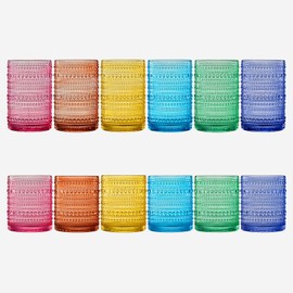 Khen Hobnail Beaded Highball Drinking Tumbler Glasses | Set of 12 | Color, Vintage Bubble Design Whiskey Glassware, Old-Fashioned, Embossed Design for Water, Wine, Cocktail Embossed, Rocks Glass