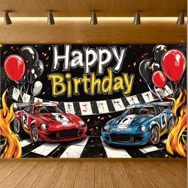 Hot Car Birthday Banner Hot Car Happy Birthday Banner Backdrops Racing Bday Party Decorations Supplies for Boys Men Indoor Outdoor Racing Theme Bday Party Decorations 70.8x43.3 Inch