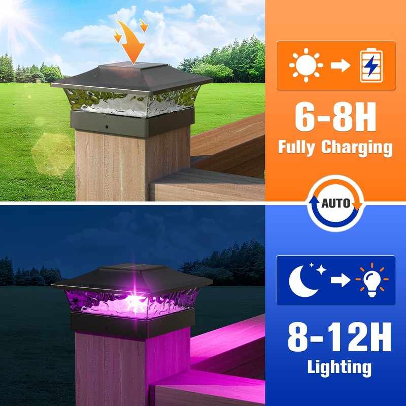 APONUO 4x4 Solar Post Cap Lights with 8 RGB Solid