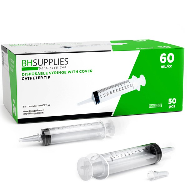 BH Supplies 60mL Syringe Catheter Tip Sterile with Covers - (No Needle) - Sterile, Individually Wrapped - 50 Syringes