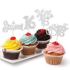 24 piezas de adornos para magdalenas de 16 cumpleaños con purpurina, dulces de 16 años, 16 años, cumpleaños, Hello 16 púas para cumpleaños, boda, aniversario, fiesta, decoración de pasteles, suministros de plata
