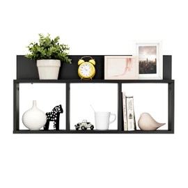 Danya B. Modern 3 Cube Floating Wall Shelf with Display Ledge - Easy to Hang Wall Mounted Triple Cubby Shelf (Black)
