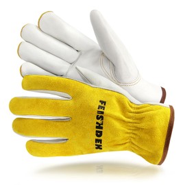FEISHDEK Heavy Duty Cowhide Leather Work Gloves for Men, Truck Driver Gloves, Keystone, Abrasion Resistant and Flexible (Yellow 1 Pair, Large)