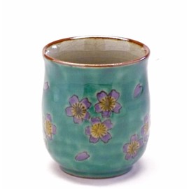 Kutani Ware [Tea Cup] Large Green Cherry Blossom Heart, Back Painting