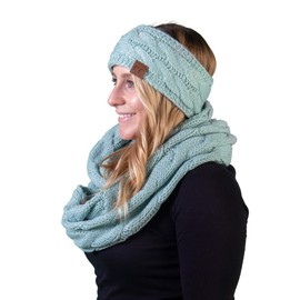 Funky Junque Women's Cable Knit Infinity Scarf and Fuzzy Lined Headband Set, Warm Winter Scarfs for Women Bundle - Solid Mint