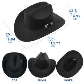 Western Cowboy Hat for Women Men Classic Fedora Felt Wide Brim Cowgirl Hat with Belt Buckle, Evil Eye Bull Head Necklace, Black With Buckle Belt, One Size