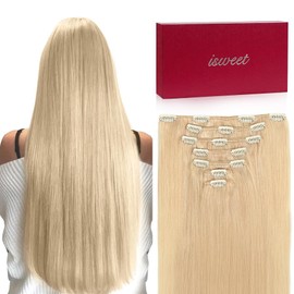 Straight Clip in Hair Extensions Real Human Hair, 7Pcs 14 Inch 95g #613 Bleach Blonde Invisible Soft Remy Human Hair Extension Clip ins, Double Weft Hair Extensions Real Human Hair for Women