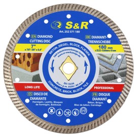S&R Turbo Diamond Cutting Disc 180 mm / 7 Inch (180 x 10 x 22.2/15.88 mm) with Rhombus Hole and Reducer 22.23 mm to 15.88 mm Bore for Concrete, Brick, Masonry, Tiles