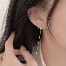 Sterling Silver Lotus Flower Threader Earrings, Blue Crystal, S925, 9x8mm