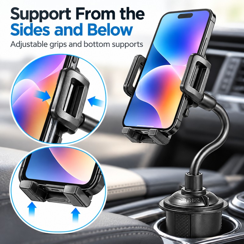 Car Cup Holder Phone Mount – Adjustable Base, Flexible Gooseneck